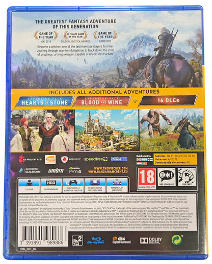 The Witcher 3 Wild Hunt Game of the Year Edition PAL PlayStation 4 PS4 for action role playing video game fans featuring expansive open world exploration epic fantasy storytelling monster hunting deep character progression complete edition with downloadable content immersive combat collectible gaming appeal back box art
