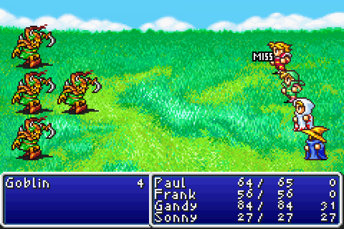 Final Fantasy I & II: Dawn of Souls [CIB] for Game Boy Advance (GBA) featuring enhanced portable versions of the first two classic RPGs with updated visuals, rebalanced gameplay, and extra bonus dungeons; assemble your party, explore iconic worlds, and relive the origins of Final Fantasy in a collector-friendly complete-in-box release gameplay screenshot