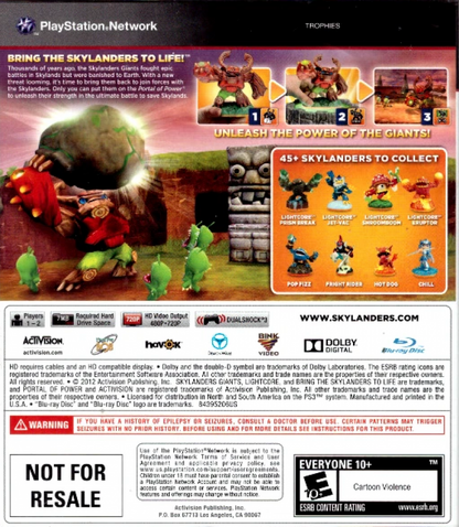 Skylanders: Giants back cover art for PlayStation 3 (PS3) video game