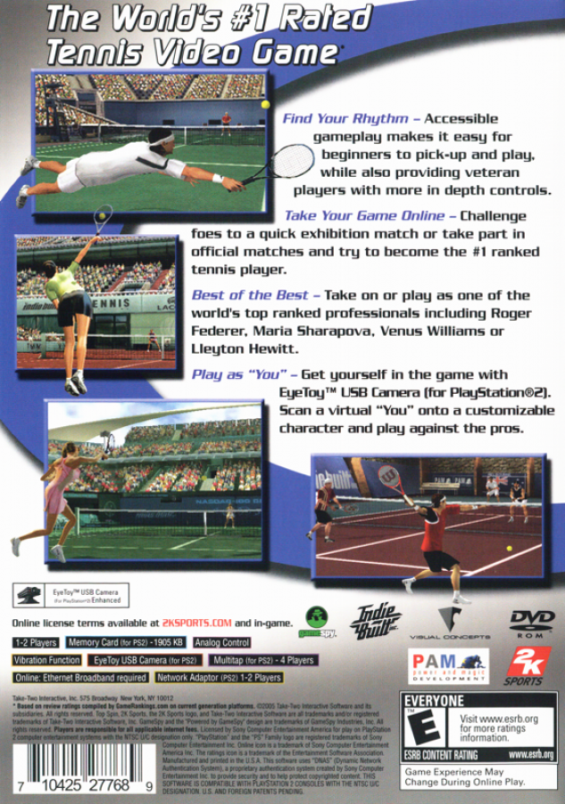 Top Spin – PlayStation 2 (PS2) video game back of case, tennis sports simulation.