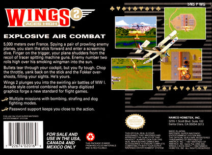 Wings 2 Aces High retro SNES video game Wings 2 military flight combat simulation World War aerial dogfights arcade style action gameplay console title Super Nintendo release back of case