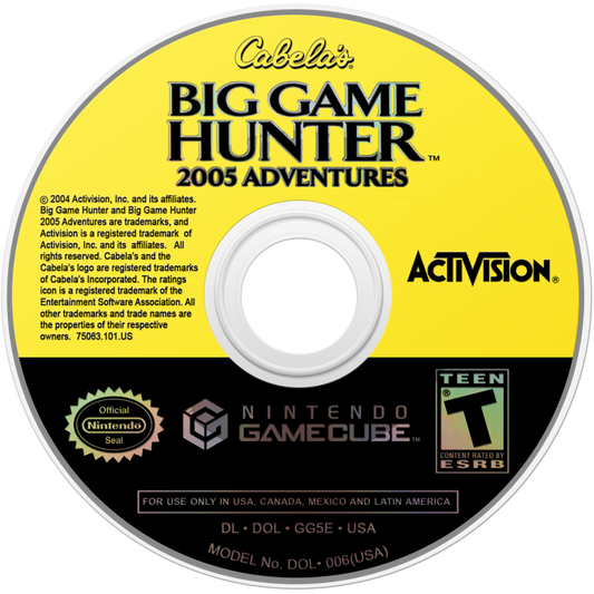 Cabela’s Big Game Hunter 2005 Adventures GameCube game featuring realistic hunting simulation gameplay and outdoor adventure action disc