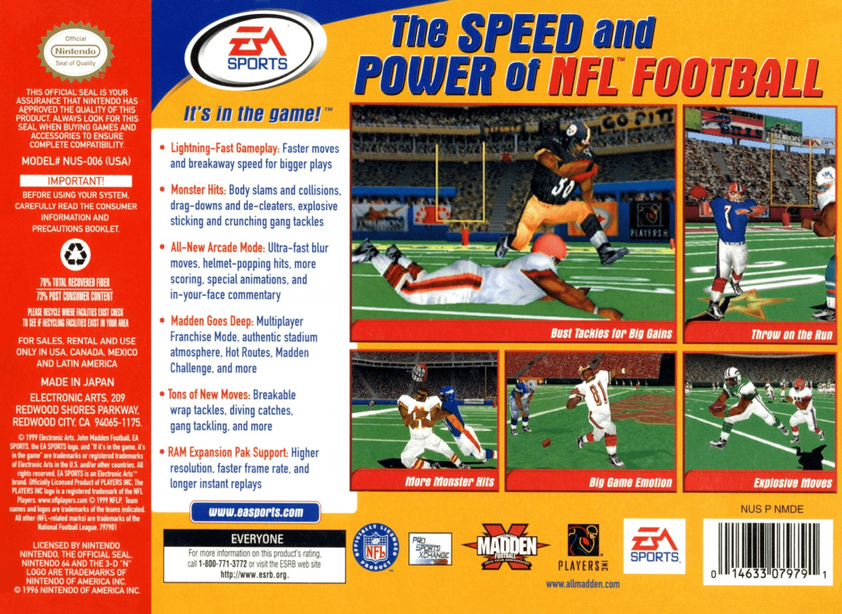 Madden NFL 2000 back cover art for Nintendo 64 N64 video game
