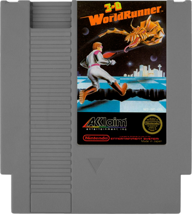3-D WorldRunner retro NES video game 3-D WorldRunner action adventure fantasy shooting fast paced gameplay pseudo 3D classic console title Nintendo Entertainment System release cartridge