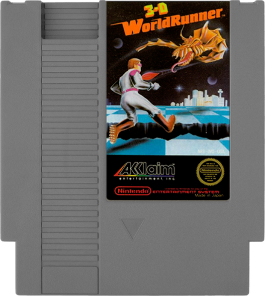 3-D WorldRunner retro NES video game 3-D WorldRunner action adventure fantasy shooting fast paced gameplay pseudo 3D classic console title Nintendo Entertainment System release cartridge