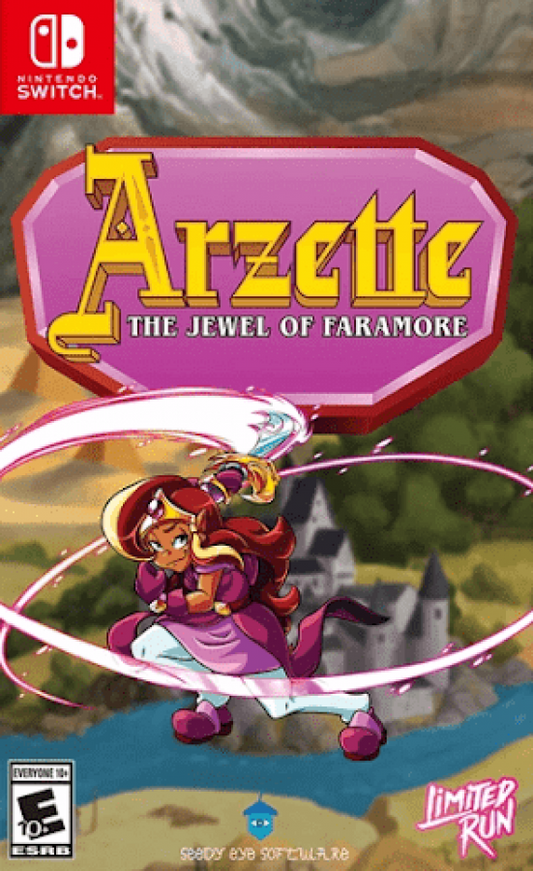 Arzette The Jewel of Faramore Nintendo Switch for action adventure video game fans featuring hand drawn animated visuals side scrolling platforming fantasy exploration puzzle solving memorable characters retro inspired gameplay magical kingdoms charming storytelling collectible gaming appeal front cover art