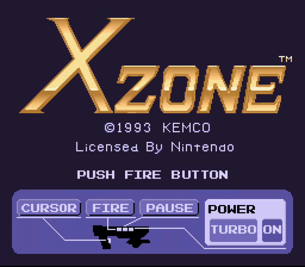 X Zone Super Nintendo Entertainment System SNES retro video game action shooting gameplay featuring fast paced arcade style combat challenging missions futuristic action mechanics classic 16 bit graphics Super Nintendo gaming experience retro game collection appeal start screen