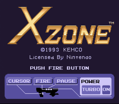 X Zone Super Nintendo Entertainment System SNES retro video game action shooting gameplay featuring fast paced arcade style combat challenging missions futuristic action mechanics classic 16 bit graphics Super Nintendo gaming experience retro game collection appeal start screen