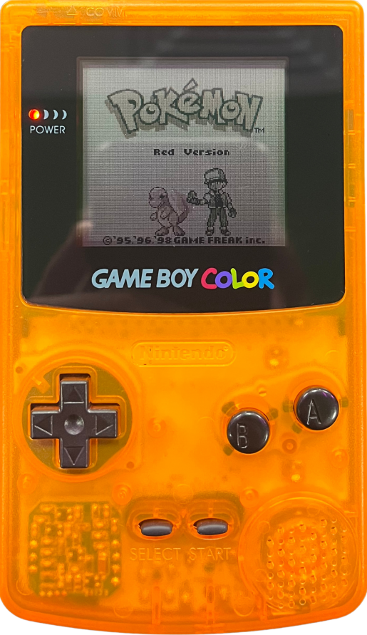 Nintendo Game Boy Color clear orange custom shell console transparent orange handheld gaming system GBC hardware custom housing modded shell retro portable console cartridge based gaming device vintage gaming system front w/gameplay