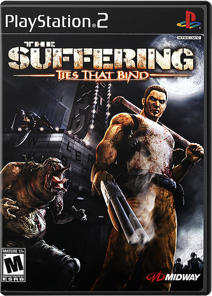 The Suffering Ties That Bind PS2 inspired design featuring psychological horror action aesthetic dark urban nightmare environments supernatural creatures brutal combat mature storytelling intense survival gameplay atmospheric horror adventure nostalgic PlayStation 2 presentation front cover