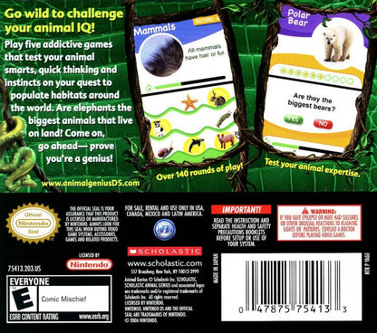 Animal Genius Nintendo DS game featuring educational puzzle gameplay and animal-themed challenges back cover