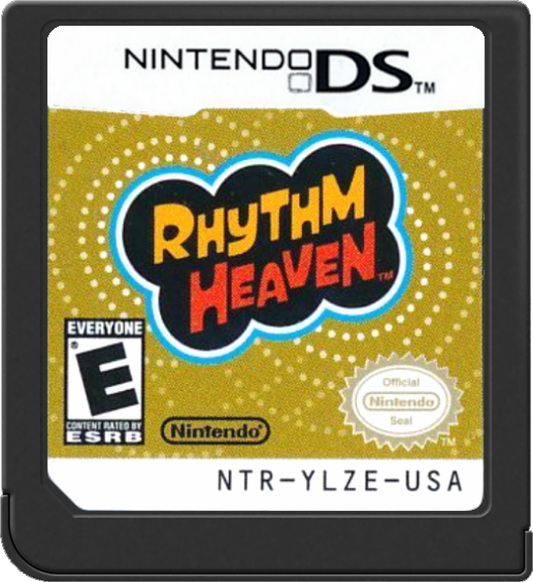 Rhythm Heaven Nintendo DS video game, rhythm music gameplay, fast-paced mini-games, stylized art style, handheld console title game cartridge art