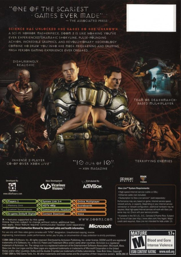 Doom 3 back cover art for Xbox (XBOX) video game