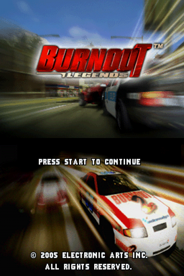 Burnout Legends start screen for Nintendo DS (DS) arcade racing video game