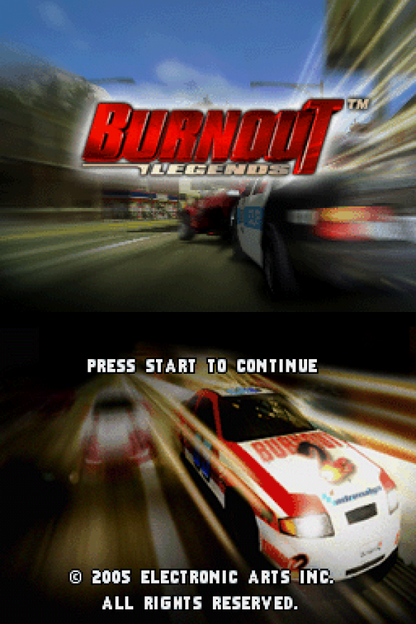 Burnout Legends start screen for Nintendo DS (DS) arcade racing video game