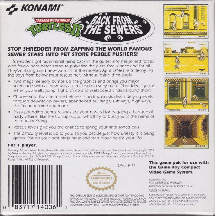 Teenage Mutant Ninja Turtles II Back from the Sewers Nintendo Game Boy GB for retro video game enthusiasts featuring side scrolling action platforming gameplay iconic TMNT heroes beat em up combat challenging enemy encounters classic handheld adventure and collectible gaming appeal back cover art