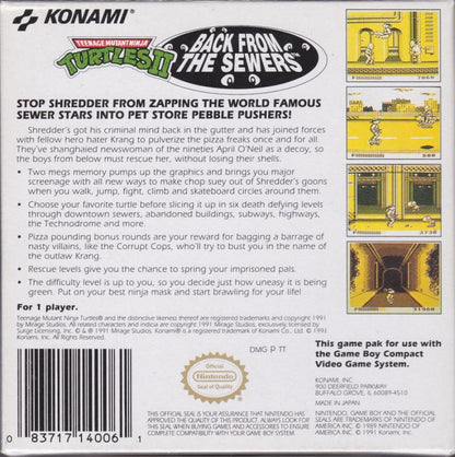 Teenage Mutant Ninja Turtles II Back from the Sewers Nintendo Game Boy GB for retro video game enthusiasts featuring side scrolling action platforming gameplay iconic TMNT heroes beat em up combat challenging enemy encounters classic handheld adventure and collectible gaming appeal back cover art