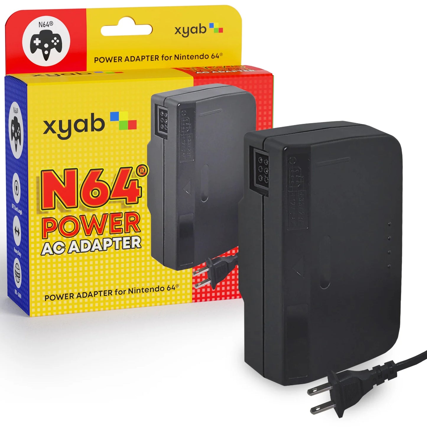XYAB brand Nintendo 64 power adapter, compatible replacement AC adapter for N64 console, compact design for reliable power supply and stable gaming performance