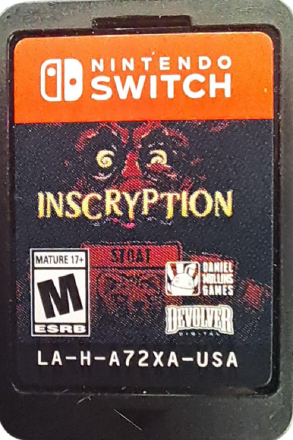 Inscryption Nintendo Switch inspired design featuring dark roguelike card battling adventure aesthetic mysterious cabin setting strategic deck building psychological horror elements immersive puzzles eerie atmosphere and narrative driven gameplay presentation cartridge
