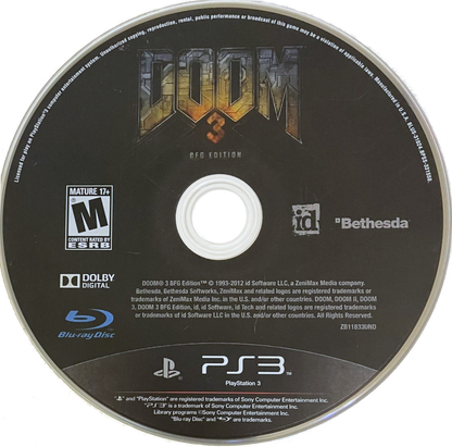 Doom 3 BFG Edition PlayStation 3 video game featuring enhanced classic shooter gameplay remastered visuals bonus content and iconic id Software sci fi horror action title disc