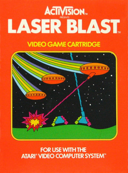 Laser Blast Atari 2600 inspired design featuring classic arcade space shooter aesthetic futuristic alien assault gameplay minimalist pixel graphics fast paced score chasing action vintage home console gaming nostalgia retro Atari presentation front cover