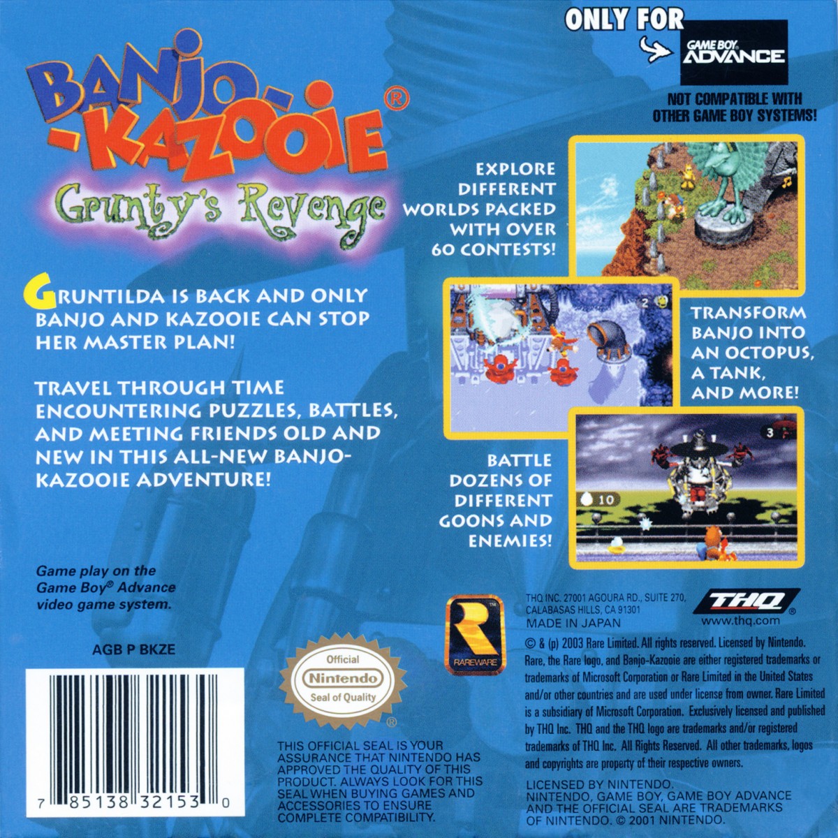 Banjo Kazooie Grunty's Revenge Game Boy Advance GBA video game featuring action platforming gameplay Banjo and Kazooie adventure colorful worlds enemy battles puzzle solving collectible items and classic handheld Nintendo gameplay retro video game collection collectible gaming appeal back cover art