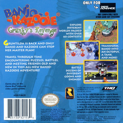 Banjo Kazooie Grunty's Revenge Game Boy Advance GBA video game featuring action platforming gameplay Banjo and Kazooie adventure colorful worlds enemy battles puzzle solving collectible items and classic handheld Nintendo gameplay retro video game collection collectible gaming appeal back cover art