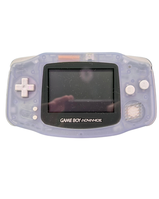Game Boy Advance GBA handheld console Glacier color, portable Nintendo system, retro gaming device, good condition front view of actual console
