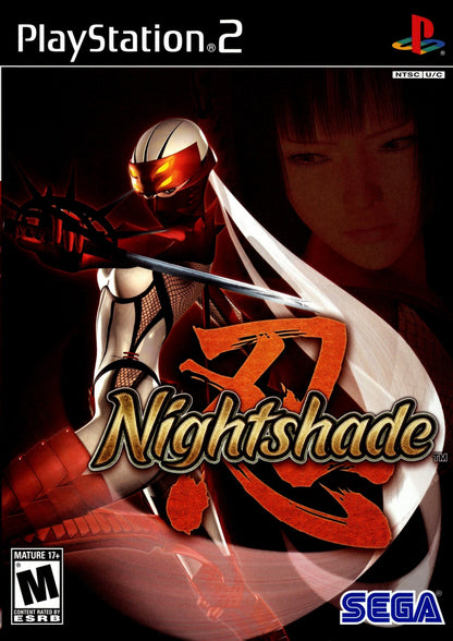 Nightshade PS2 Sony PlayStation 2 action hack and slash game ninja combat sword fighting sequel to Shinobi fast paced melee attacks acrobatic platforming stealth assassin gameplay Sega retro gaming PlayStation 2 software video game title cover art