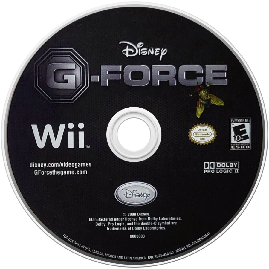 Disney’s G‑Force disc art for Nintendo Wii action‑platform adventure starring a high‑tech team of elite guinea pigs on a secret mission, featuring fast‑paced combat, gadgets, and puzzle‑driven exploration inspired by the film