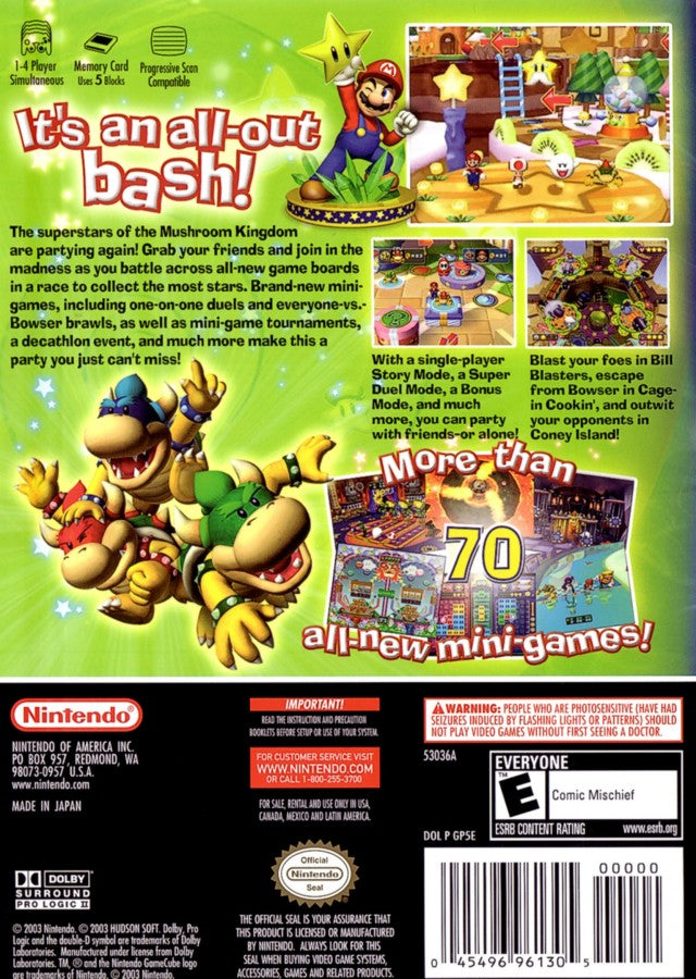 Mario Party 5 game for the Nintendo GameCube featuring party style gameplay with board game mechanics mini games multiplayer modes and competitive challenges starring Mario and friends across themed boards back cover