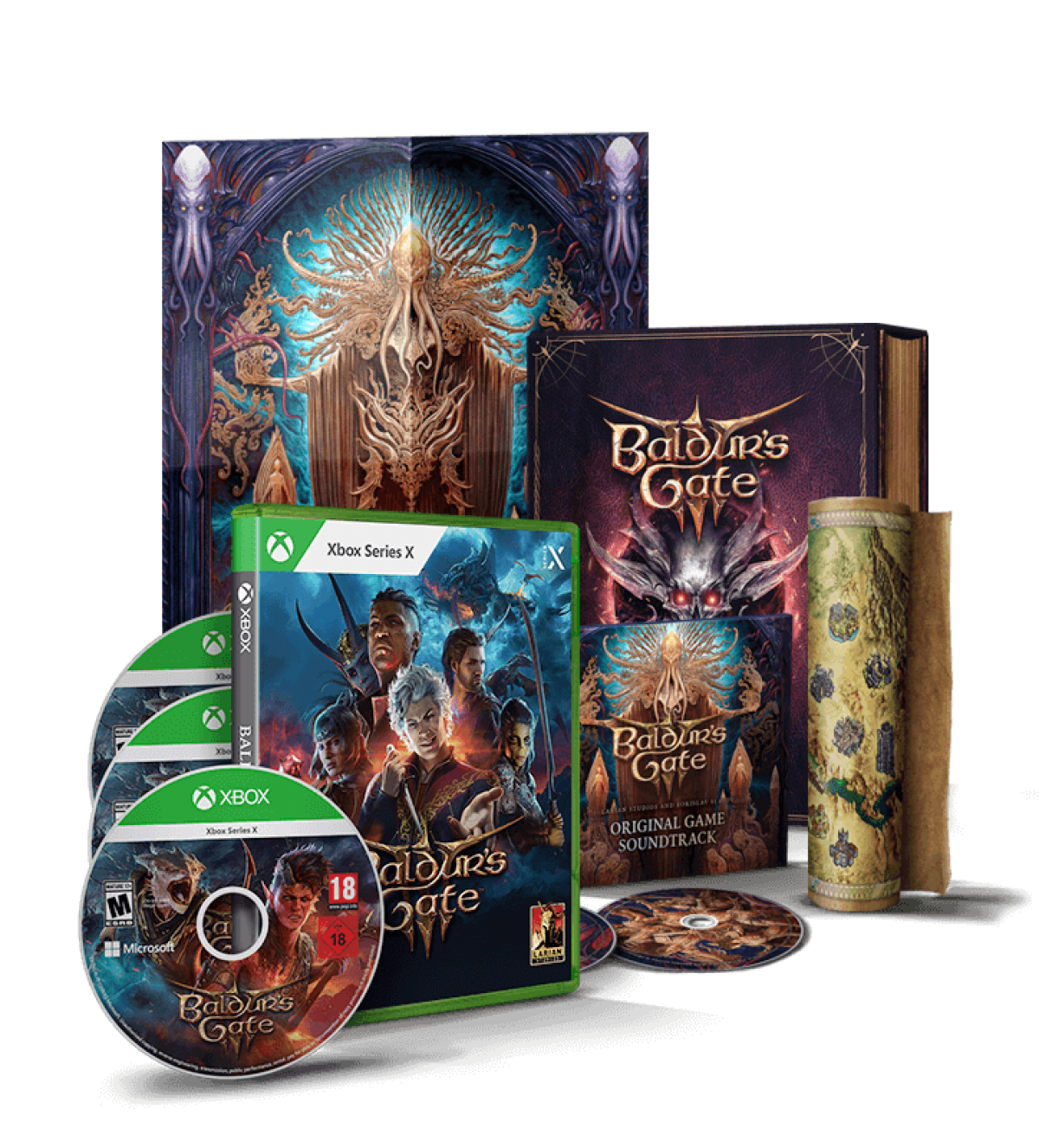 Baldur's Gate 3 Deluxe Edition deluxe edition physical release for the Xbox Series X featuring a deep RPG experience with turn based combat branching storylines character customization and a premium package including bonus content and collectible items bundle