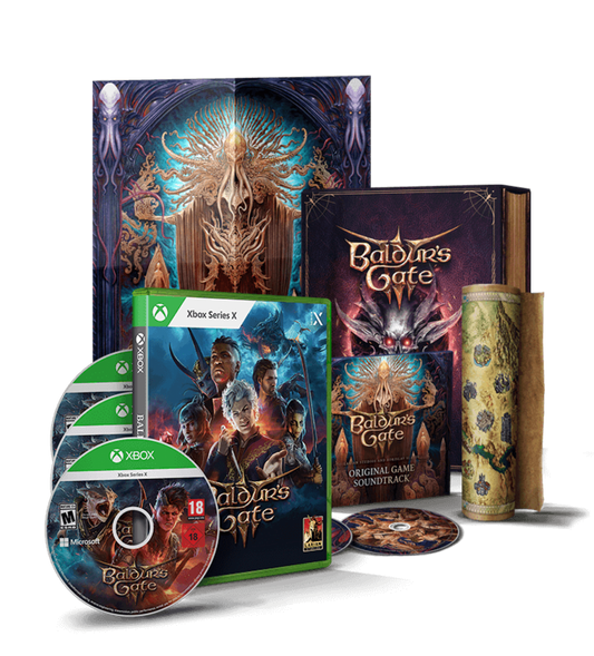 Baldur's Gate 3 Deluxe Edition deluxe edition physical release for the Xbox Series X featuring a deep RPG experience with turn based combat branching storylines character customization and a premium package including bonus content and collectible items bundle