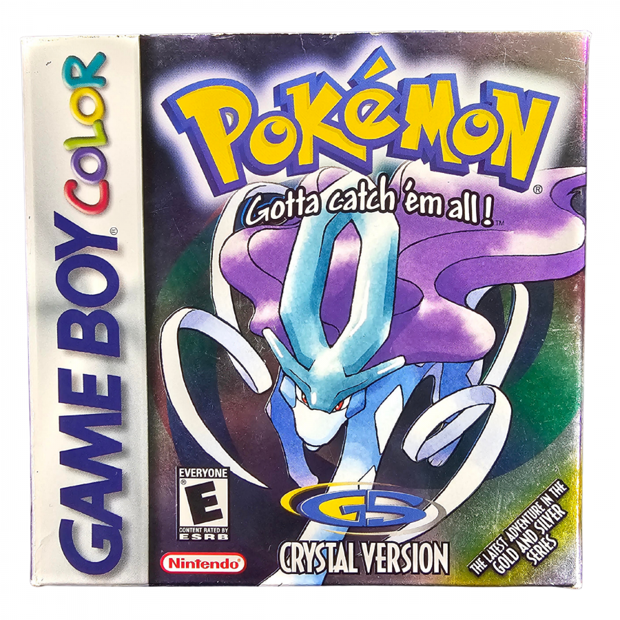Pokémon Crystal CIB Game Boy Color GBC for role playing video game fans featuring Pokémon catching and training Johto region exploration turn based battles Gym Leaders Elite Four animated Pokémon battles Suicune encounters Battle Tower trading and classic Game Boy Color gameplay collectible retro gaming appeal front box art