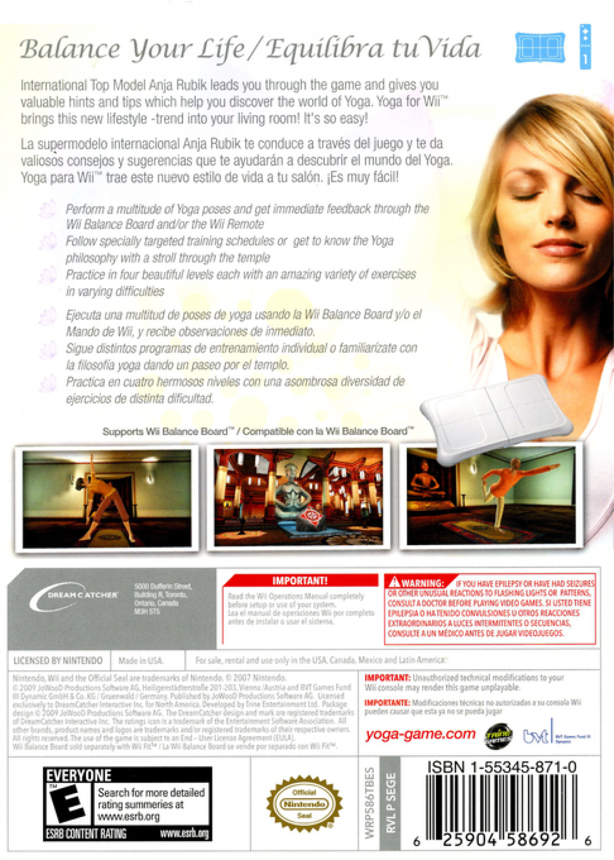 Yoga back cover art for Nintendo Wii (Wii) featuring guided yoga routines with motion‑based controls, relaxing environments, and exercises designed to improve balance, flexibility, and mindfulness.