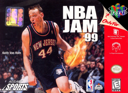 NBA Jam 99 Nintendo 64 N64 video game featuring arcade basketball gameplay NBA teams and players fast paced matches high flying dunks competitive action special moves two on two basketball and classic 64 bit Nintendo sports gameplay retro video game collection collectible gaming appeal front cover art