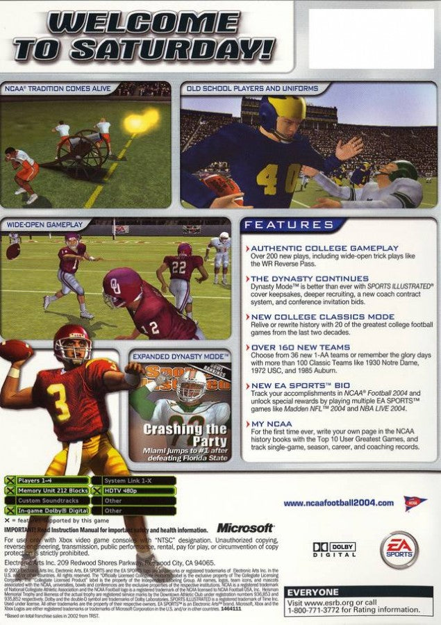 NCAA Football 2004 back cover art for Xbox (XBOX) video game