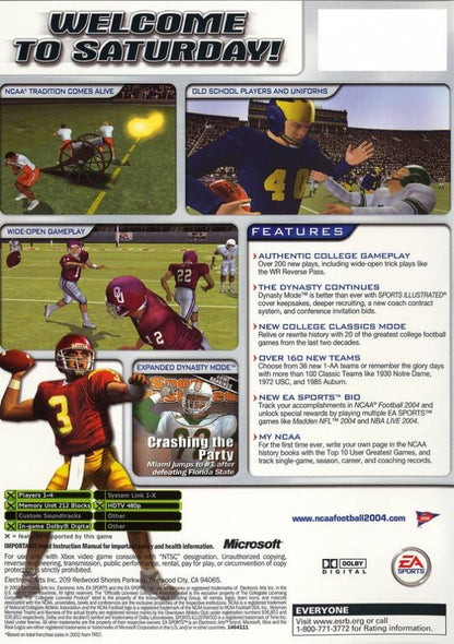 NCAA Football 2004 back cover art for Xbox (XBOX) video game
