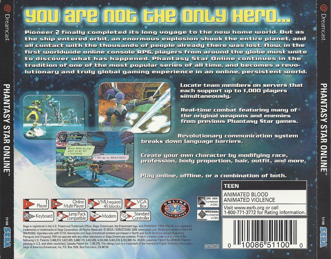 Phantasy Star Online for Sega Dreamcast (DC) at Gamers INC, featuring the revolutionary RPG experience that brought online multiplayer to consoles for the first time, where you create a custom hunter to explore the mysterious planet Ragol, battle formidable monsters in real-time combat, and team up with players worldwide in a landmark sci-fi adventure back cover