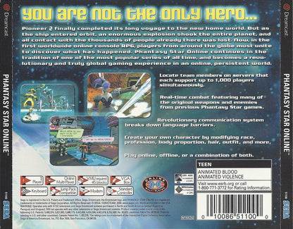 Phantasy Star Online for Sega Dreamcast (DC) at Gamers INC, featuring the revolutionary RPG experience that brought online multiplayer to consoles for the first time, where you create a custom hunter to explore the mysterious planet Ragol, battle formidable monsters in real-time combat, and team up with players worldwide in a landmark sci-fi adventure back cover