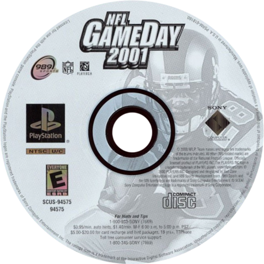 NFL GameDay 2001 PlayStation 1 football simulation video game 989 Sports official NFL license playable teams franchise mode season playoffs exhibition multiplayer disc art