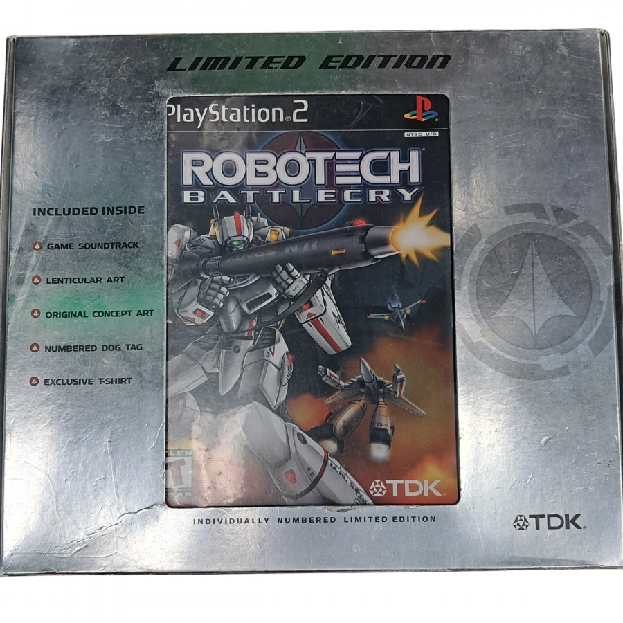 Robotech Battlecry Limited Edition Complete in Box PlayStation 2 PS2 for retro video game enthusiasts featuring sci fi action gameplay transforming mecha combat aerial dogfights story driven missions anime inspired warfare futuristic weapon systems complete in box collector presentation and collectible gaming appeal box front