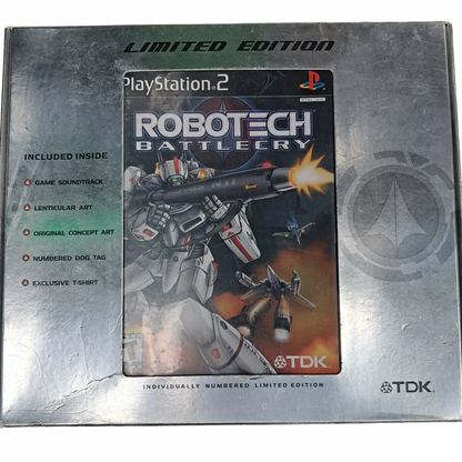 Robotech Battlecry Limited Edition Complete in Box PlayStation 2 PS2 for retro video game enthusiasts featuring sci fi action gameplay transforming mecha combat aerial dogfights story driven missions anime inspired warfare futuristic weapon systems complete in box collector presentation and collectible gaming appeal box front