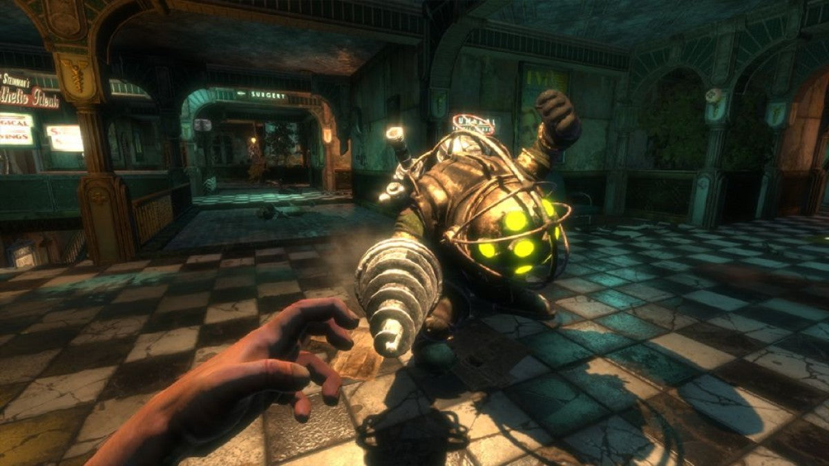 BioShock [Platinum Hits] for Xbox 360 (X360) at Gamers INC, featuring the award-winning first-person masterpiece that plunges you into the decaying underwater utopia of Rapture, where you use genetically modifying Plasmids and salvaged weaponry to survive a dark, atmospheric story of philosophy and betrayal in a budget-friendly Platinum Hits edition gameplay  