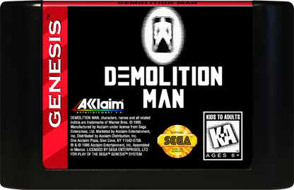 Demolition Man Sega Genesis GEN for retro video game enthusiasts featuring action shooter gameplay movie inspired adventure futuristic combat side scrolling missions explosive weapons intense enemy encounters and collectible gaming appeal cartridge