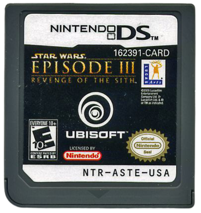 Star Wars Episode III Revenge of the Sith cartridge for the Nintendo DS featuring action combat gameplay based on the movie with lightsaber battles force powers and cinematic missions following Anakin and Obi Wan cartridge