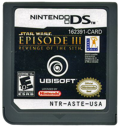 Star Wars Episode III Revenge of the Sith cartridge for the Nintendo DS featuring action combat gameplay based on the movie with lightsaber battles force powers and cinematic missions following Anakin and Obi Wan cartridge