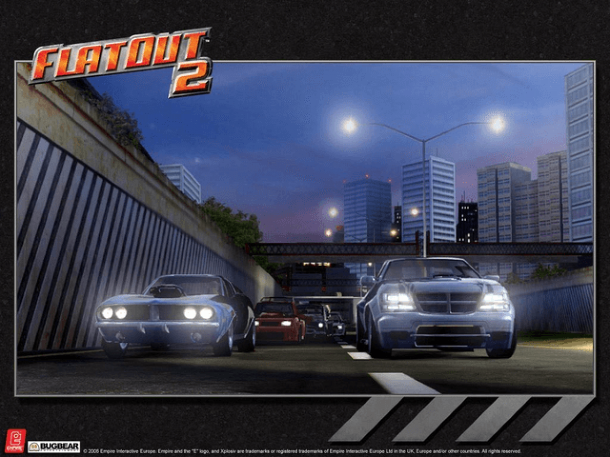 Two cars racing on a city street at night with 'Flatout 2' branding. Title screen for Xbox original Game