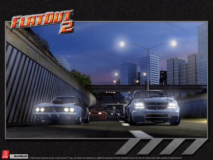 Two cars racing on a city street at night with 'Flatout 2' branding. Title screen for Xbox original Game