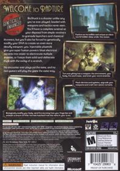 BioShock Xbox 360 X360 for first person shooter and immersive storytelling video game fans featuring underwater city exploration plasmid abilities weapon customization atmospheric environments genetic enhancements challenging enemies moral choices and gripping science fiction horror gameplay collectible gaming appeal back
